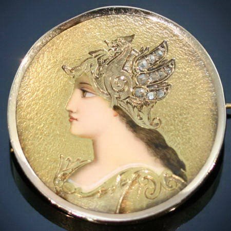 Victorian enameled brooch goddess Minerva from the antique jewelry collection of www.adin.be